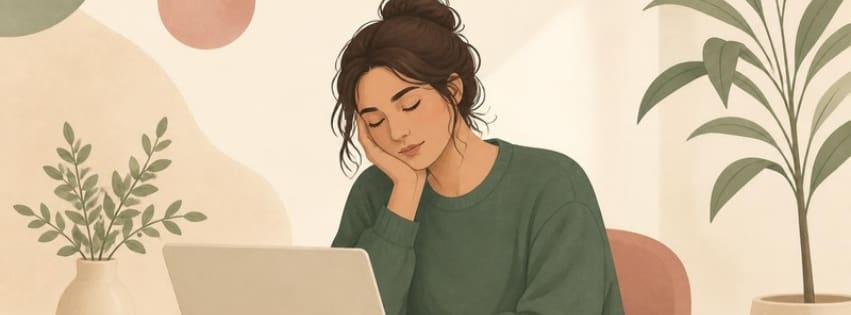 Ilustración de una mujer sentada frente al portátil con la cabeza apoyada en la mano, en un momento de cansancio mental