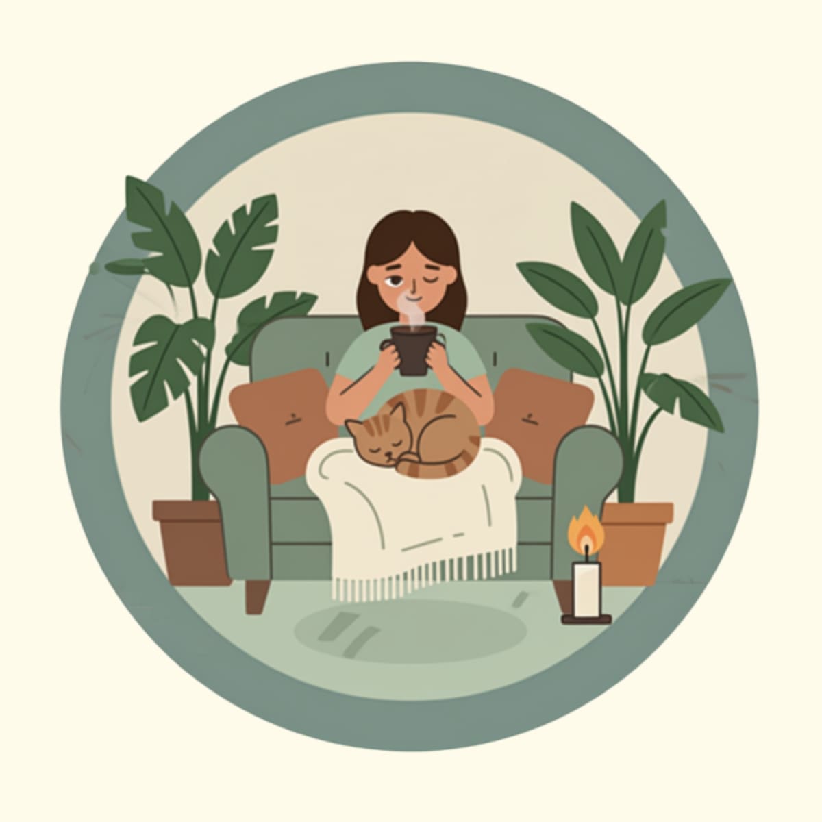 Ilustración de una persona en un espacio tranquilo y ordenado, en un momento de calma y procesamiento interno