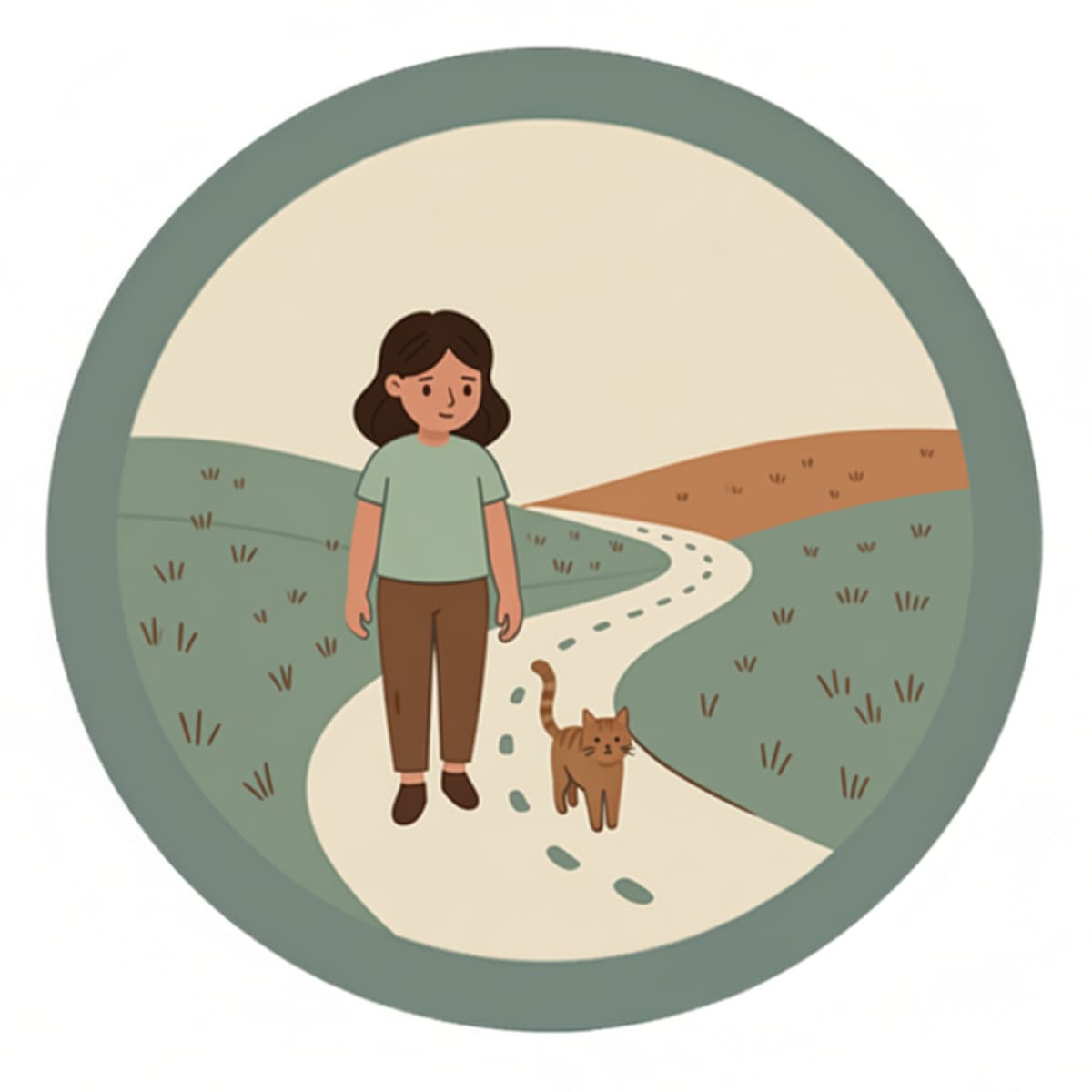 Ilustración de una persona en un espacio de trabajo tranquilo y ordenado, con una rutina sencilla a su alrededor