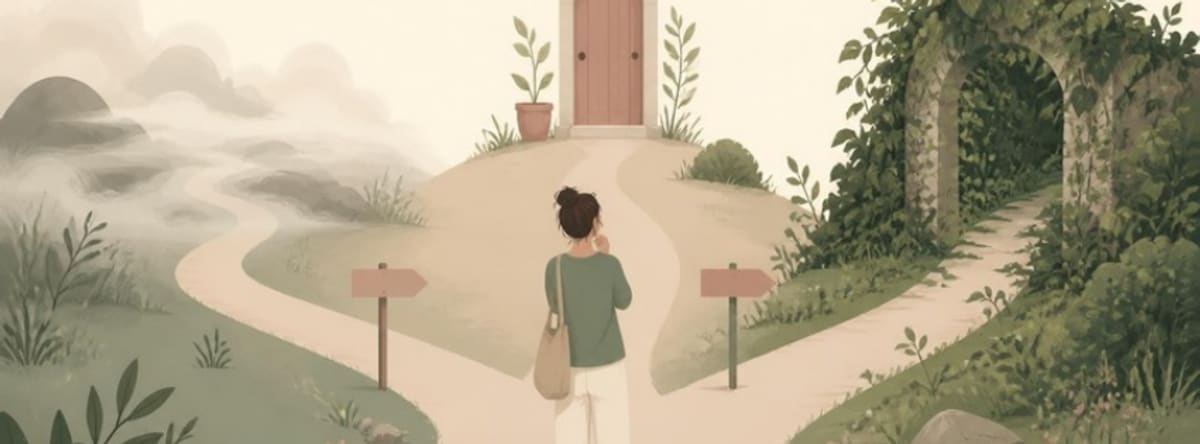 Ilustración de tres caminos o señales distintas representando los tres motivos de la procrastinación